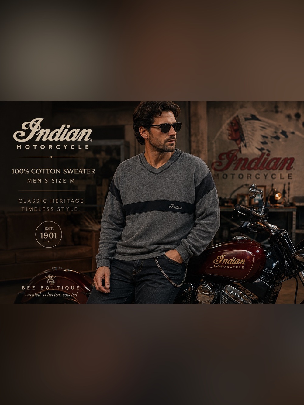 Indian Motorcycle 100% Cotton Vintage-Style Sweater Men’s M | Charcoal & Black